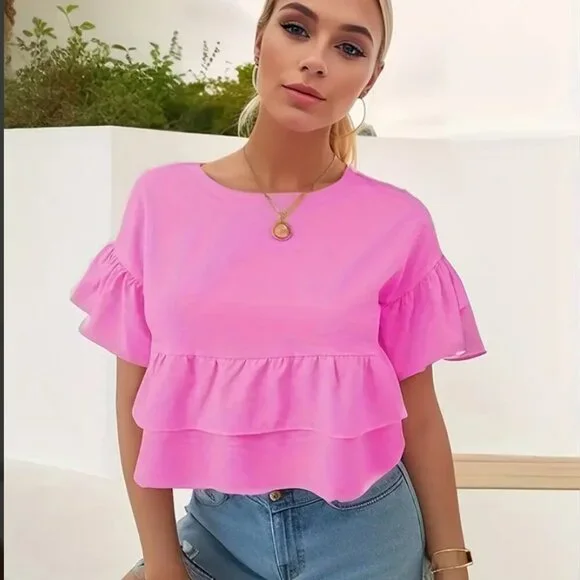 Women's Pink Crew Neck Sweet Flare Sleeve Blouse Size Medium  NWT - Picture 3 of 7